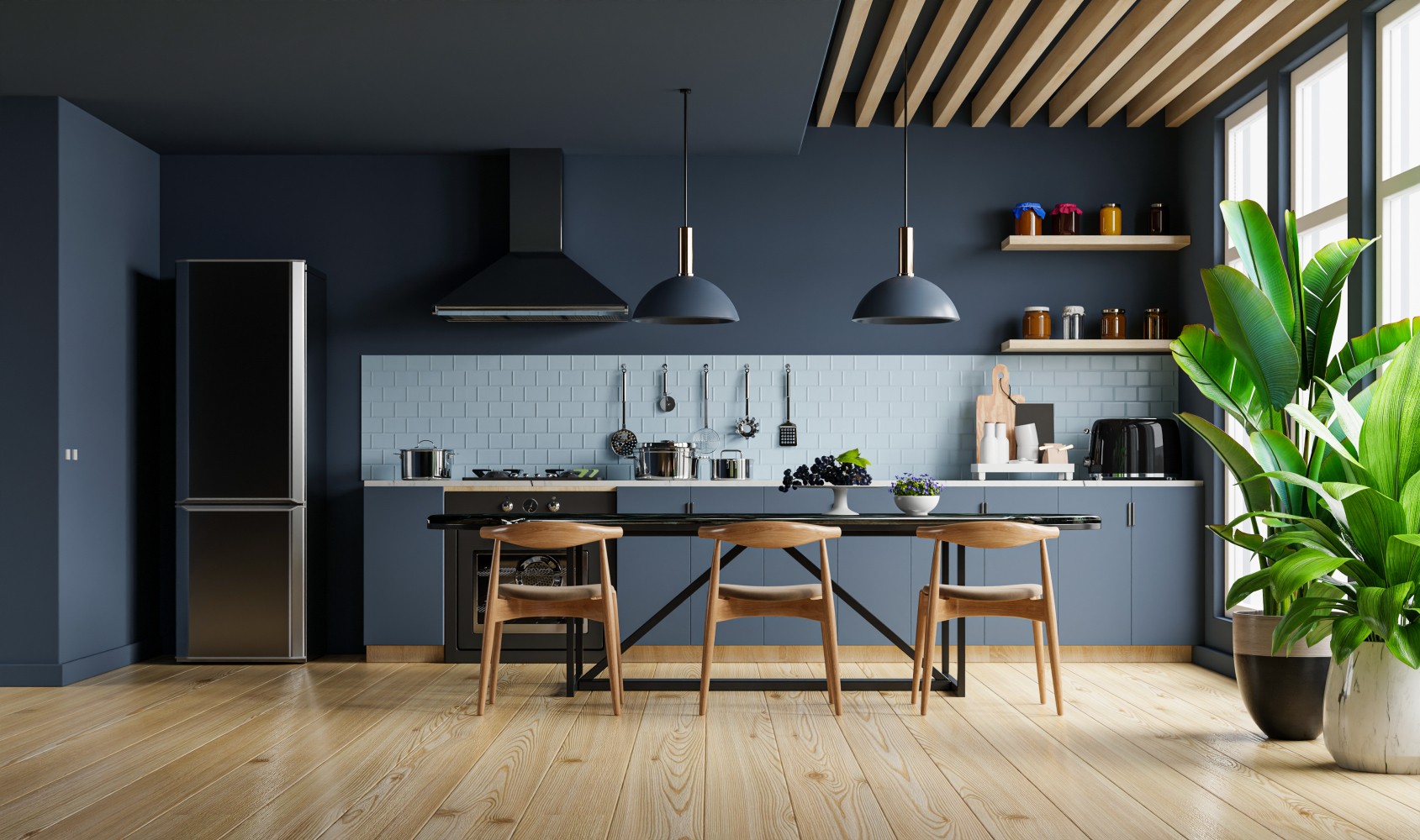 Cozinha moderna com ambiente cinzento escuro